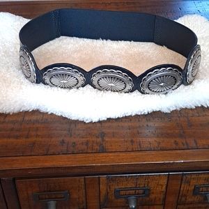 Chico's Wide Black Genuine Leather Elastic Stretch Belt Hobo Chic Western